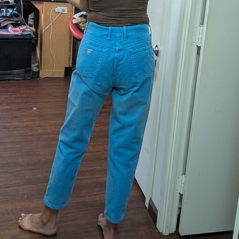 Vtg 80s Guess by Marciano USA ankle zip high-waisted aqua blue crop Mom Jeans - Picture 2 of 15